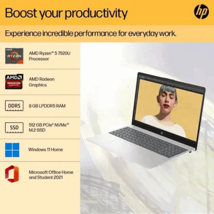 HP 15s Ryzen 5 7520U 15-fc0028AU Laptop – 15.6" FHD, 8GB RAM, 512GB SSD, Win 11, MS Office, Backlit Keyboard, Natural Silver