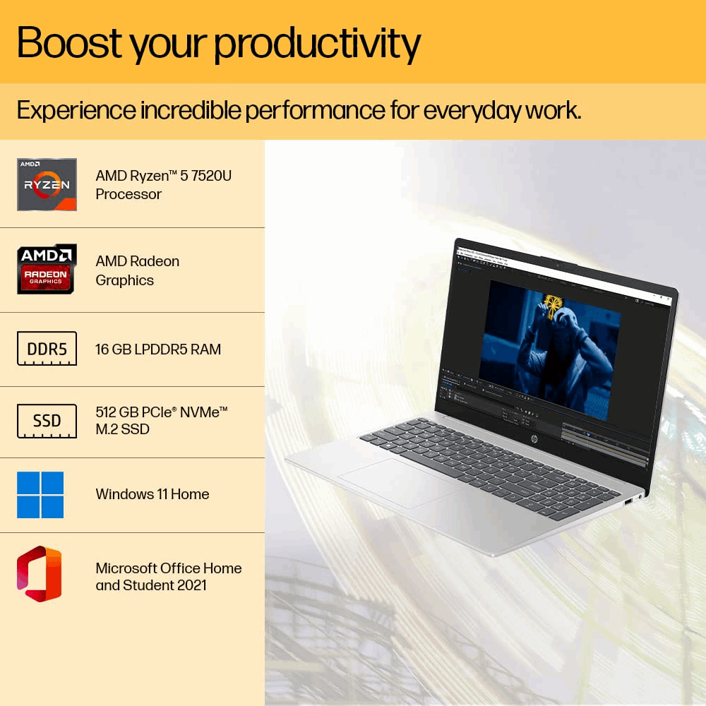 HP 15s Ryzen 5 7520U 15-fc0030AU Laptop – 15.6" FHD, 16GB RAM, 512GB SSD, Win 11, MS Office, Backlit Keyboard, Natural Silver