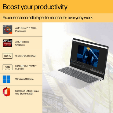 HP 15s Ryzen 5 7520U 15-fc0030AU Laptop – 15.6" FHD, 16GB RAM, 512GB SSD, Win 11, MS Office, Backlit Keyboard, Natural Silver