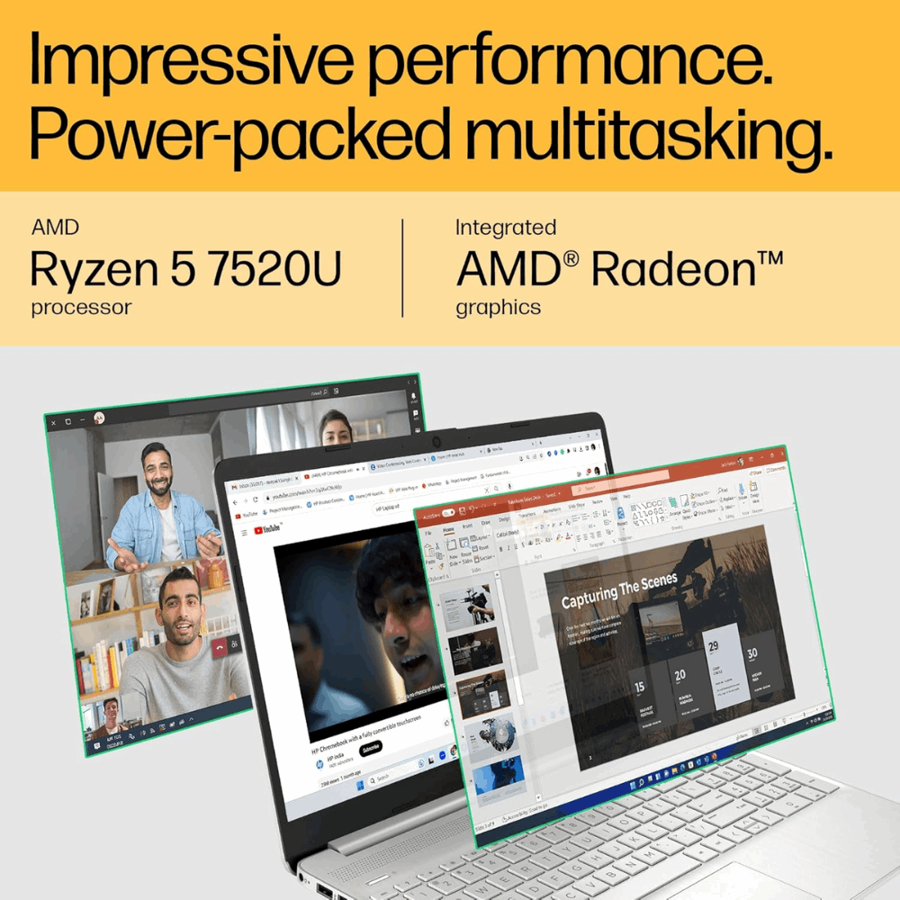 HP 15s Ryzen 5 7520U 15-fc0030AU Laptop – 15.6" FHD, 16GB RAM, 512GB SSD, Win 11, MS Office, Backlit Keyboard, Natural Silver