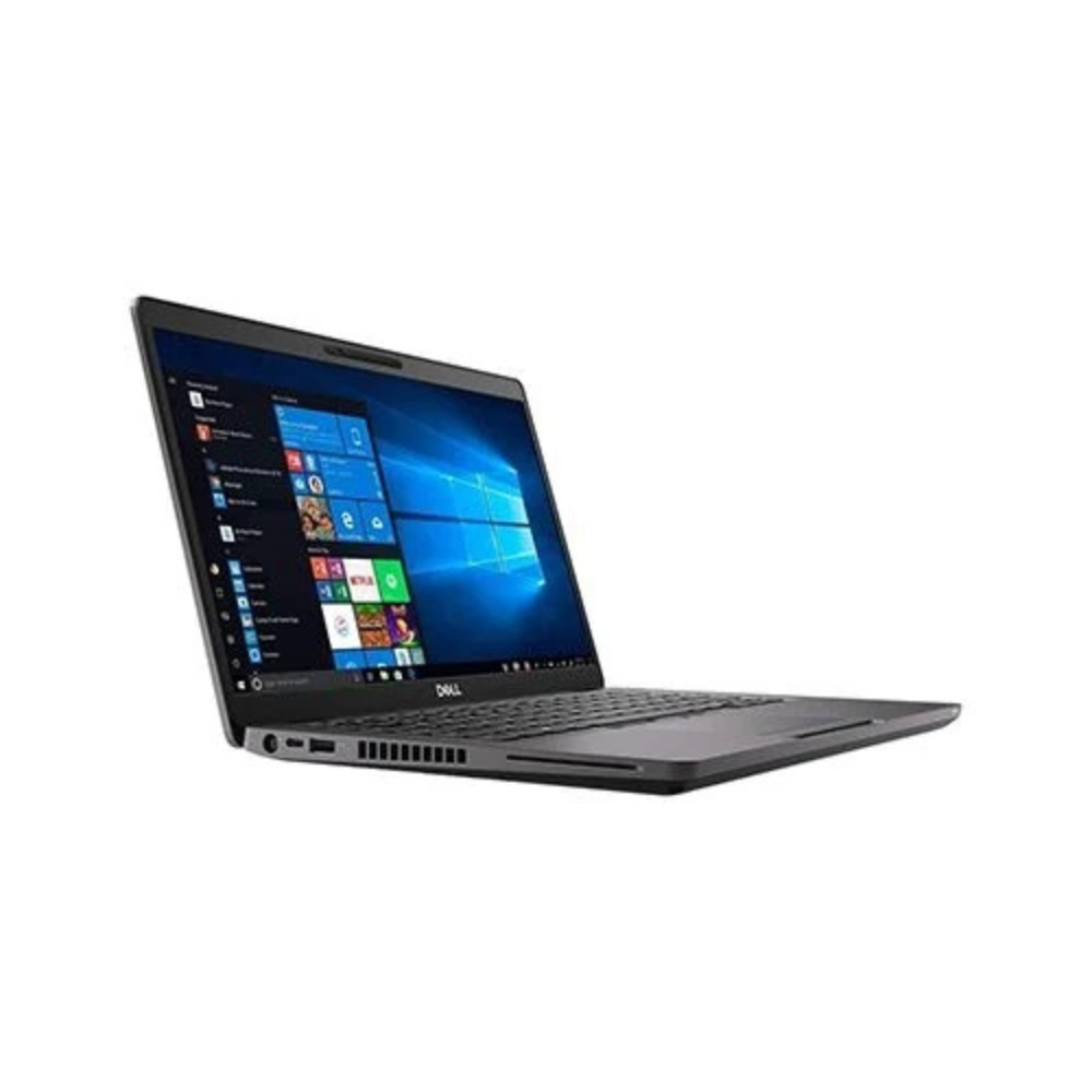 Dell laptop displaying Windows 10 start menu with icons for Microsoft Edge, Mail, and Calendar; angled view reveals keyboard, USB port, and ventilation grills.