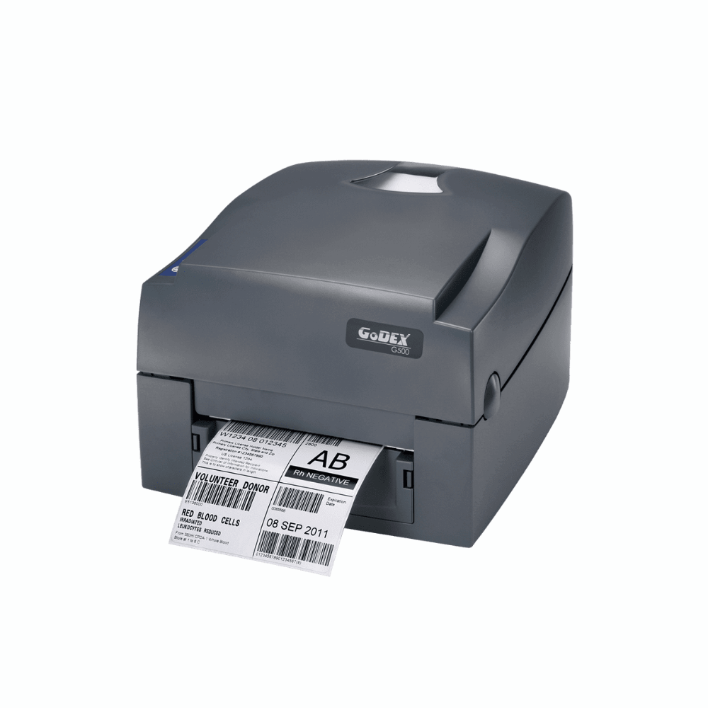 Godex G500 UES – 4" Desktop Thermal Transfer/Direct Thermal Printer, 203 dpi, 5 IPS, USB, Serial & Ethernet, India - Front View