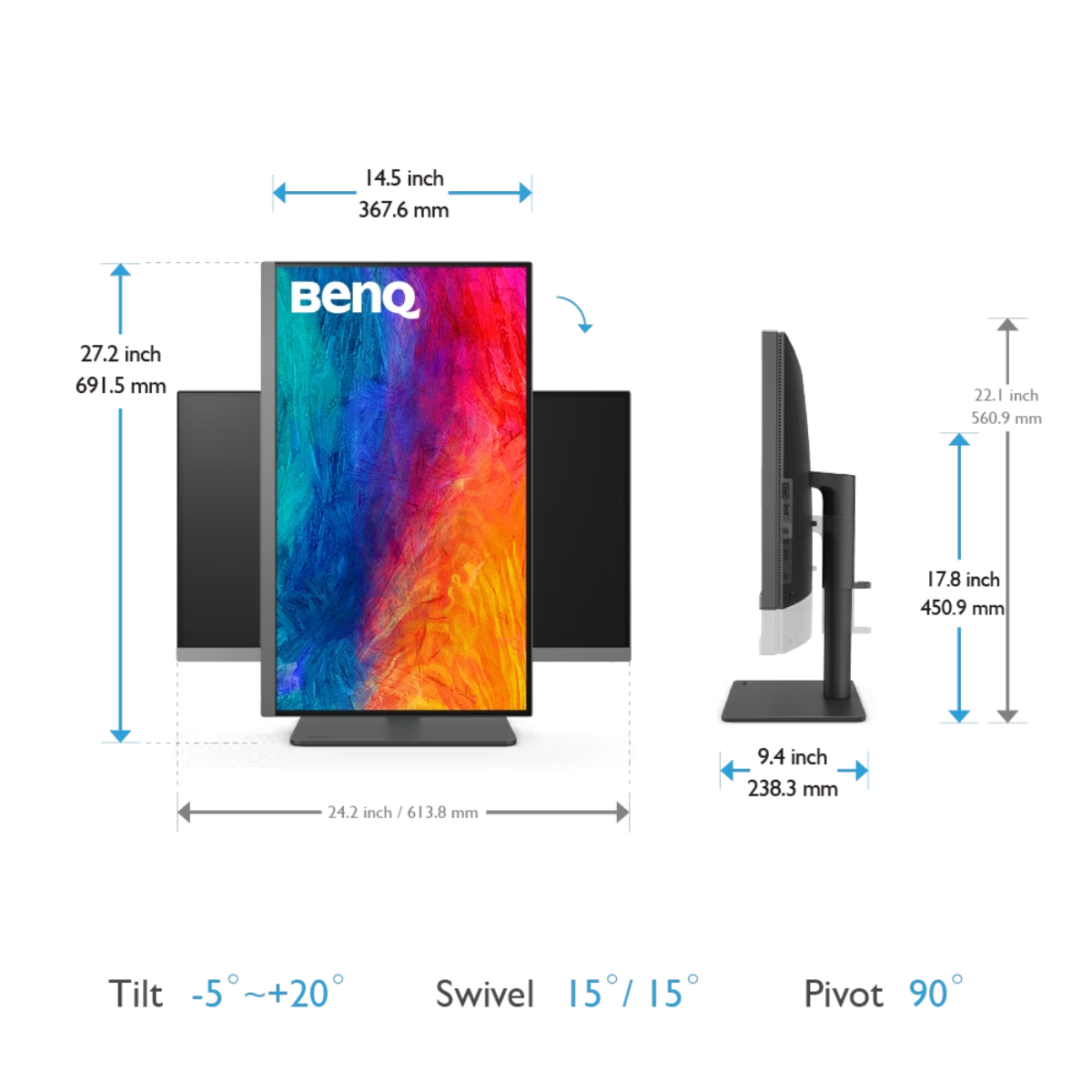BenQ Creative Pro PD2706U 27-inch 4K UHD Professional Designer Monitor – IPS, DisplayHDR 400, 95% P3, USB-C 90W - side view