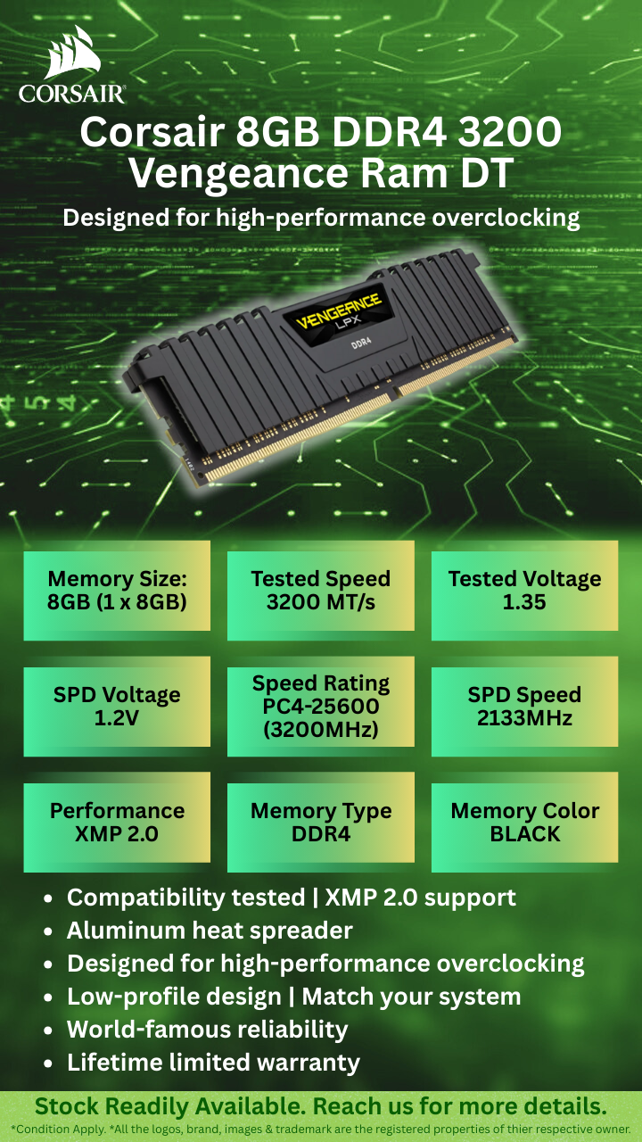 Corsair 8GB DDR4 3200 Vengeance Ram DT. Corsair Dealer in Chennai. Supreme computers. 
